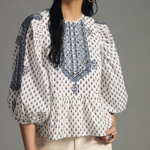 Anthropologie Peasant Embroidered Floral Long Sleeve Blouse XL